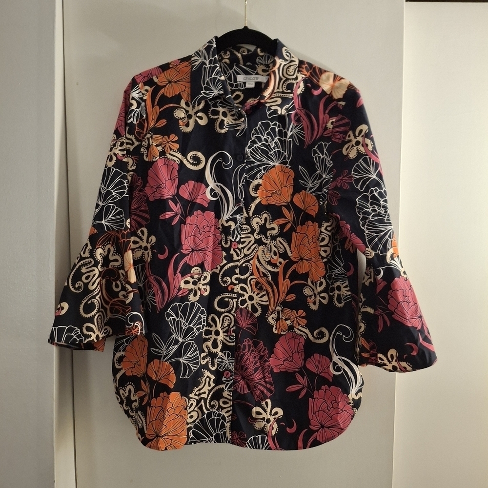 Chicos Floral Women's Top - Dark Blue, Pink, Orange